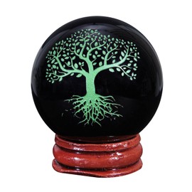 mookaitedecor Natural Black Obsidian Crystal Ball Engraved Green Tree of Life Polished Stone Sculpture Ball Figure with Stand for Feng Shui Home Decoration
