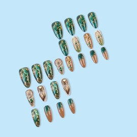 Green Almond Press on Nail Medium Length Fake Nails Green Feather Dream Catcher Design Gold False Nails Full Cover Artificial Stick on Nails Glossy Reusable Stick on Nails for Women and Girls 24PCS