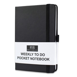 RICCO BELLO Pocket Size Weekly to Do Planner Checklist Notebook, Vegan Friendly Faux Leather, Elastic Band Closure, Ribbon Bookmark, Storage Pocket, 100gsm Thick Paper, 4.25 x 6 inches (Black)