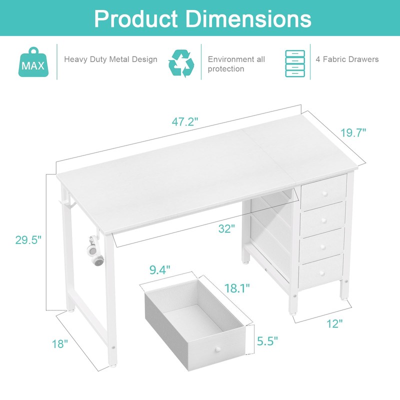 Lufeiya White Computer Desk with Fabric Drawers, 47 Inch Reversible