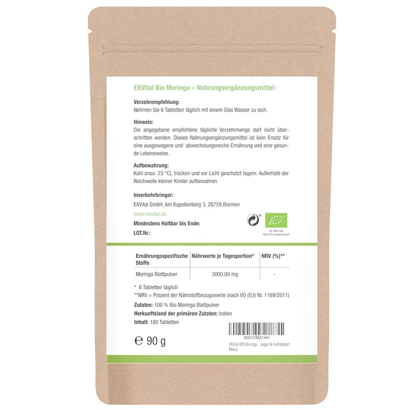 EXVital Organic Moringa Tablets - 3000 mg Moringa Oleifera per