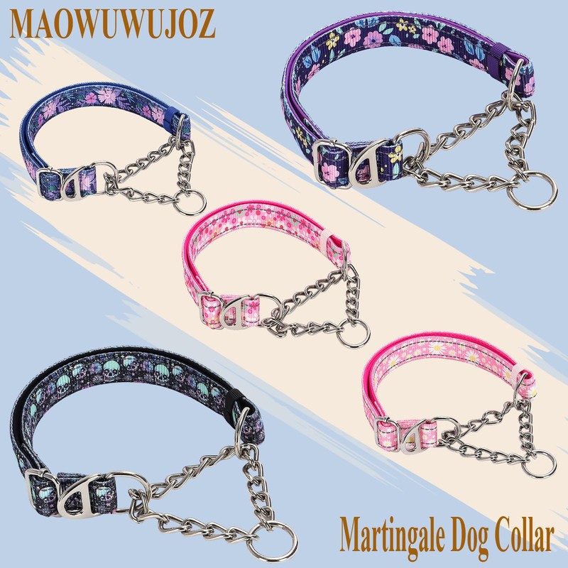 Martingale Dog Collar with Chain,Skull Reflective Nylon Soft Padded Adjustable