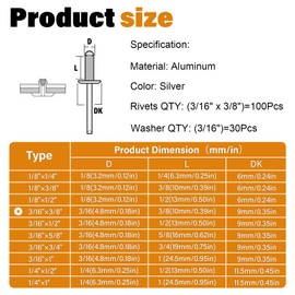JTAREA 3/16" x 3/8" Silver Aluminum Pop Rivets with Stainless Steel Washers 4.8 x 10mm Blind Rivet Assortment Kit (Pack of 130pcs)