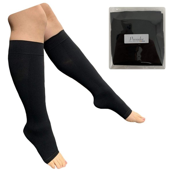 Presadee Open Toe 8-15 mmHg Mild Compression Leg Calf Relief Traditional Sock (Black, S/M)