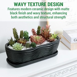 MyGift 13.5 inch Succulent Planter Pot, Oval Modern Ceramic Plant Box Container with Wave Textured Pattern and Removable Saucer Drip Tray (Black)