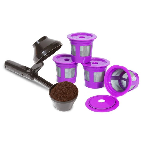2-Item Bundle: 4-Pack Cafe Save Reusable K Cup Coffee Filters + EZ-Scoop 2 Tbsp Scoop with Integrated Funnel, Refillable Pod Capsule For Use with Keurig & Select Single Cup Coffee Maker