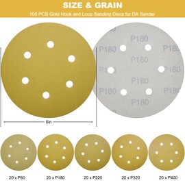 100 PCS 6 Inch 6 Hole Gold Sanding Discs - 80, 180, 220, 320, 400 Grit Dustless Hook and Loop Sandpaper Finishing Discs for Random Orbital Sander Woodworking or Automotive