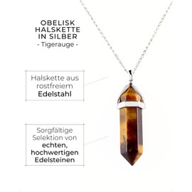 LAVISA Obelisk Gemstone Necklace, Pendant, Real Crystal Chain, Rose Quartz Amethyst, Natural Stone, 55 + 5 cm, Stainless Steel