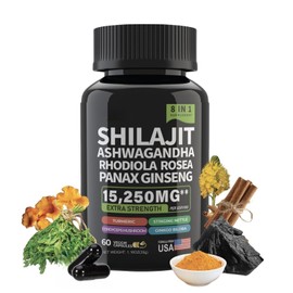 Shilajit Ashwagandha Capsules, 8-in-1 Herbal Multivitamin for Men and Women, with Rhodiola Rosea, Ginseng Turmeric, Mushroom Extract, for Immune Support, Energy, Calm, Focus, Clarity, Sleep (60 Count)
