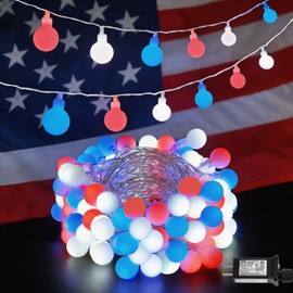 YEGUO Red White and Blue Globe String Lights, 33ft 100LED 4th of July Globe Light Indoor, 8 Modes Hanging Fairy Lights Plug in for Outside Independence Day Patriotic Holidays Decoration