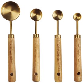 Dadamong Stainless Steel Measuring Spoons Set of 4, Gold Measuring Spoon Kit with Wooden Handle, Heavy Duty Dual Scale Unit for Dry/Liquid Ingredients Kitchen Cooking Baking Set