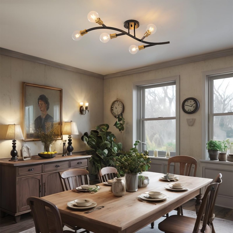 Salburyao Black and Gold Modern Sputnik Ceiling Light Fixture 5-Lights,Mid