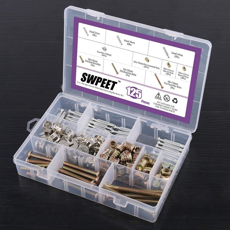 125Pcs 3-in-1 Bolt Nut Connection Crib Screws Kit,Cam Fitting with