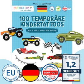 Papierdrachen 100 Particularly Skin-Friendly Children's Tattoos – Tattoos Cars – for Children – for Boys and Girls – Tested & Made in Germany – Set of 25