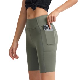 8'' Shorts Deportivos para Mujer con Bolsillos, 8 Pulgadas Yoga Shorts, Ligeros de Sensación Cintura Alta Push Up para Yoga Fitness Pilates Jogging (MX/US, Alfa, Chico, Regular, Regular, Verde)