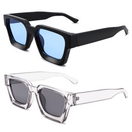 Hycredi Thick Rectangle Sunglasses Women Men Retro Square Chunky Shades 90s Glasses UV400 Protection-Grey+Blue