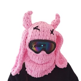 KLABELGIFT Handmade Pink Bunny Balaclava with Devil Horns – Crochet Kawaii Ski Mask – Cute & Edgy Full Face Mask – Soft Winter Wear – Cosplay & Streetwear Accessory