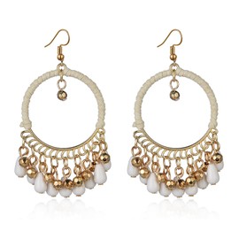 Boho Mexican Filigree Drop Earring for Women Green Teardrop Beaded Tassel Dangle Earrings Vintage Ethnic Jewelry (White)