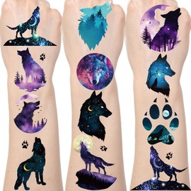 Gameza Wolf Temporary Tattoos Stickers - 85PCS Wolf Party Decorations Favors Supplies Cool Stars Sky Moon Animals Tattoo Temporary Gifts for Boys Girls Birthday Party Decorations Prizes Rewards