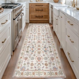 Tangsoo 2x6 Floral Runner Rug,Washable Rug for Hallway,Boho Vintage Floral Runner Rug, Print Distressed Cream White Carpet,Soft Low Pile Non-Slip Runners for Entryway Indoor Kitchen Bedroom
