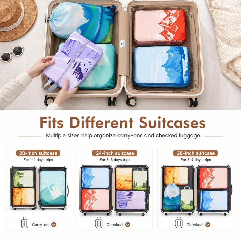 7-Piece Compression Packing Cubes for Travel, Patterned Expandable Luggage Organizer