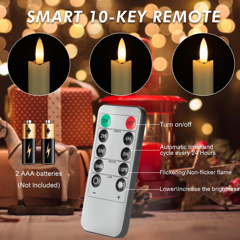 AFINETH Flameless Taper Candles with Rmote, 9.6" Real Wax Battery