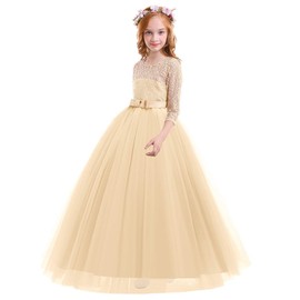ABEHIK Flower Girls Fall Wedding Guest Dress Vintage Lace 3/4 Sleeves Floor Length Dress Birthday Party Evening Formal Pegeant Dance Gown First Communion Tulle Tutu Dresses Champagne 5-6 Years
