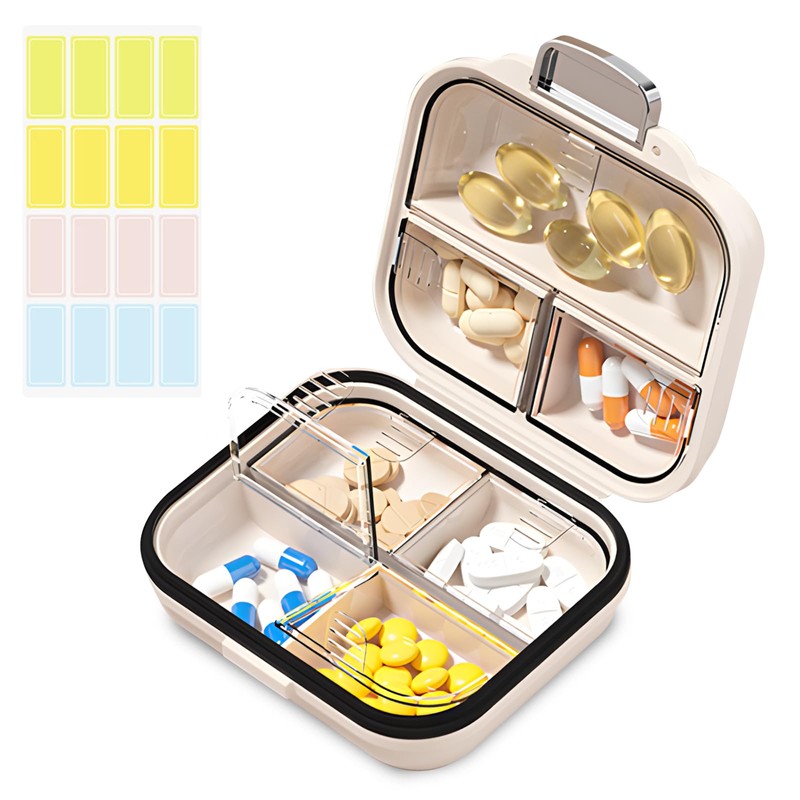 Travel Pill Organizer Box with Labels, 7 Compartments Portable Mini