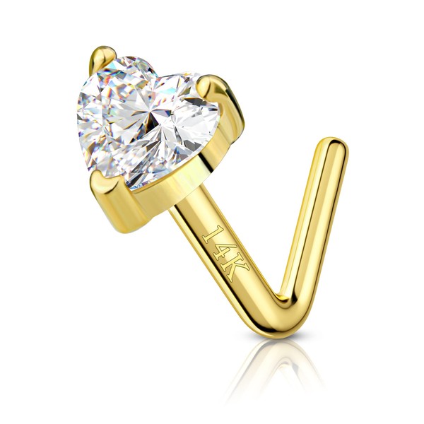 COCHARM 14K Yellow Gold Heart Nose Stud 20g L Bend,