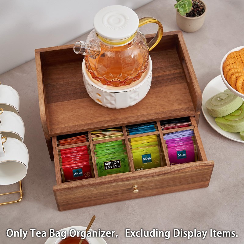 SARUFO Acacia Wood Tea Bag Organizer with Drawer - Tea