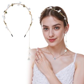 CIATBYYJ Pearl Flower Headpiece for Women,Gold Headband with Tassel,Gold Floral Headpiece for Bridal,Boho Fairy Crowns,Renaissance Hair Accessories