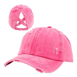 Criss Cross Ponytail Hat Washed Distressed Baseball Cap Adjustable High Messy Bun Ponycap for Women Rose Red