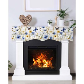 Bilagawa Table Runner Mantel Scarf Fireplace, Farmhous Blue Flowers Butterflies Wood Grain Fireplace Scarf, Perfect Fireplace Cover for Holiday Party Home Decor, 70" Long