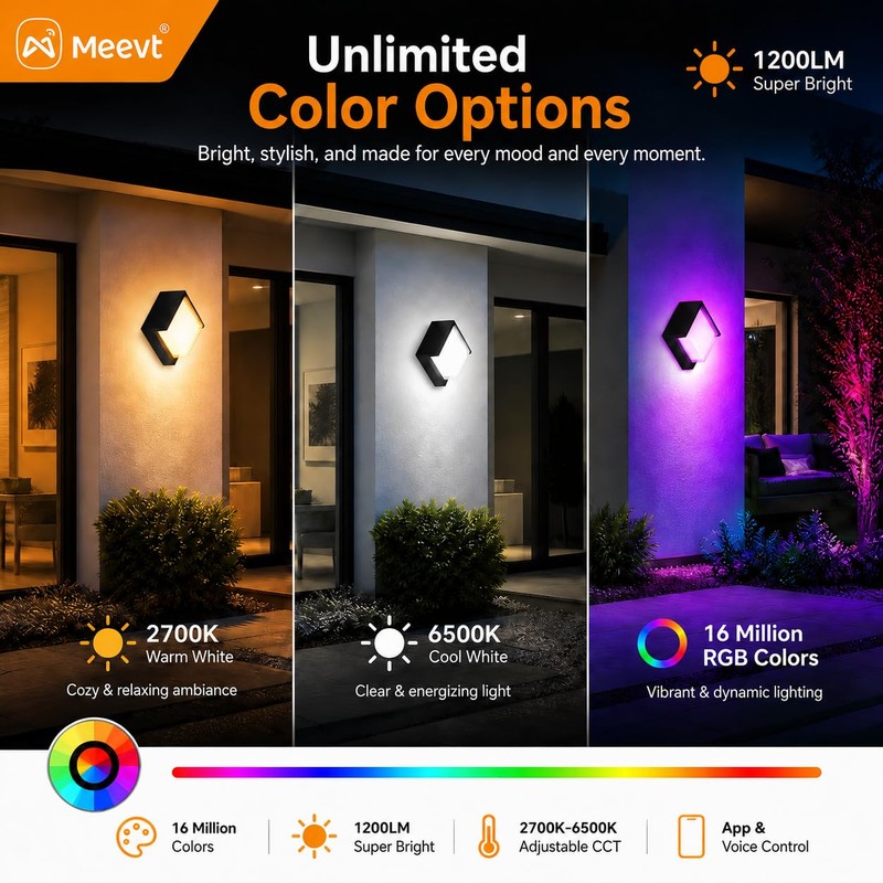 Meevt Outdoor Wall Lights, Square, 1 Pack, 1200LM RGBCW Smart