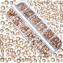 Dowarm 2650 Pieces Glue Fix Flat Back Crystal Rhinestones Round Gems, 6 Sizes 1.5mm - 6.5mm, Flatback Crystals Loose Gemstones for Crafts Nail Face Art Clothes Jewels (Champagne/LT.Peach)