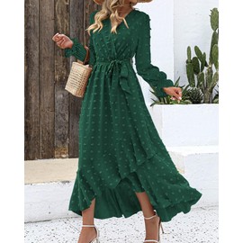 BTFBM Women's Boho Cocktail Maxi Dress 2024 Fall Fashion V Neck Swiss Dot Long Sleeve Flowy Slit Wedding Party Dresses(Swiss Dot Dark Green, XX-Large)