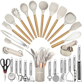 Juego de utensilios de cocina - 35 piezas de utensilios de cocina con rallador, pinzas, espátula de cuchara y girador hechos de silicona resistente al