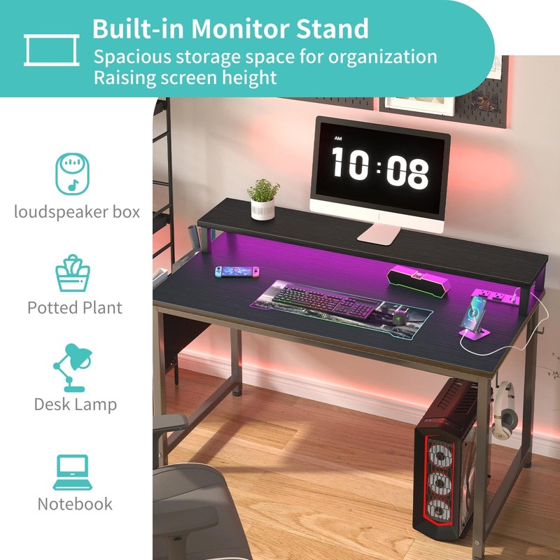 Lufeiya Small Desk with Power Outlets and LED Lights, 32
