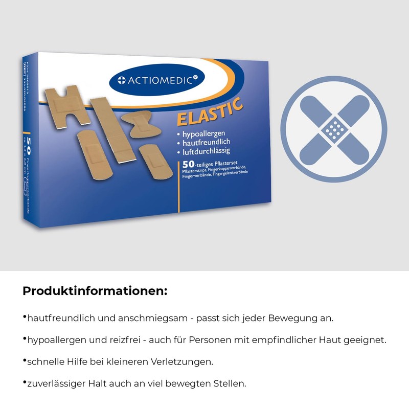 ACTIOMEDIC Elastic Plaster Set, Specially Shaped & Hypoallergenic Plasters, Skin-Friendly