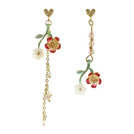 TIANHONGYAN Chic Pink Flower Dangle Earrings Pearl Sakura Leaf Asymmetry Flower Earrings Fairy Long Tassel Petals Statement Earrings for Women Summer Refreshing Seaside Idyllic Holiday Earrings (flower-1)