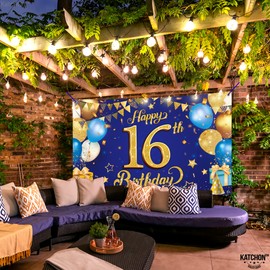 KatchOn Blue and Gold 16th Happy Birthday Banner - XL, 72x44 Inch | 16th Birthday Party Supplies, Blue 16th Birthday Banner, 16 Year Old Boy Birthday Decorations, 16th Birthday Decorations for Boys