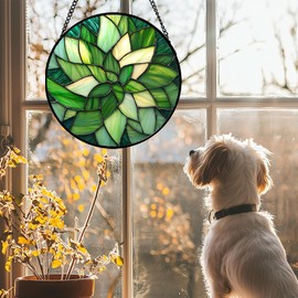 CRISGIF Stained Glass Window Hanging - Green Plants Suncatcher for Doors Garden Patio Flowers Sun Catchers Decor Christmas Mother's Day Birthday Gifts for Women Men Mom Nana Friend 7.8 in
