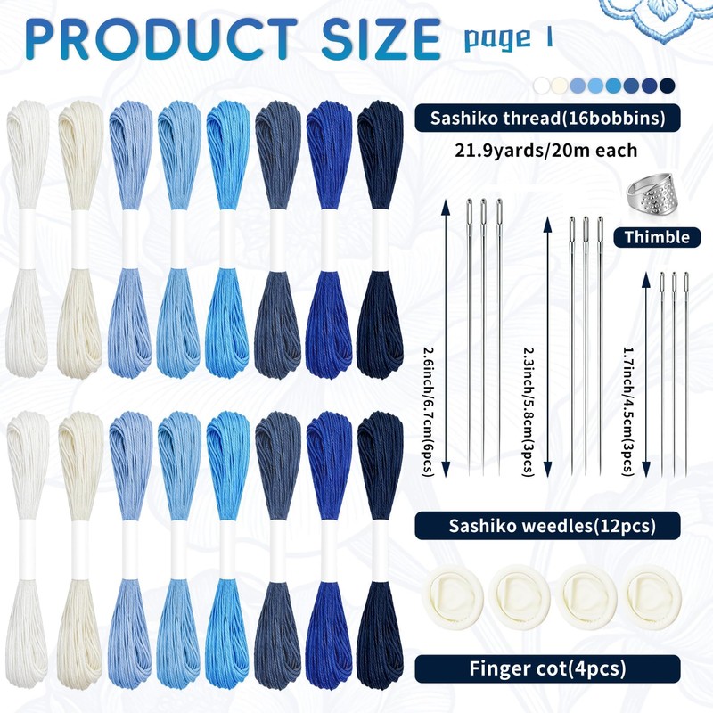 52PCS Sashiko Embroidery Kit with Threads, Needles, Thimble, Plastic Stencils,
