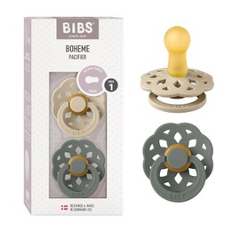 BIBS Chupones Boheme Pack de 2, Tetina redonda de látex natural, Talle 1, Color Vanilla/Pine, 0 a 6 meses, Hecho en Dinamarca