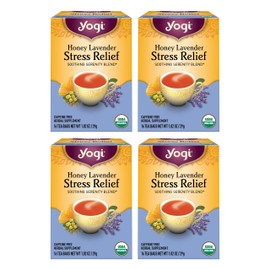 Yogi Tea Honey Lavender Stress Relief - 16 Bags per Pack (4 Packs) - Organic Chamomile Lavender Tea - Includes Lemon Balm, Lemongrass, Spearmint Leaf, Peppermint Leaf, Honey Flavor & More