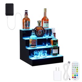 GarveeTech LED Lighted Liquor Bottle Display, 4-Step 16 Inch Lighted Liquor Bottle Shelf for Home Counter Party, Freestanding Lighted Bottle Display Stand with Remote & App Control, 1-8 H Timing
