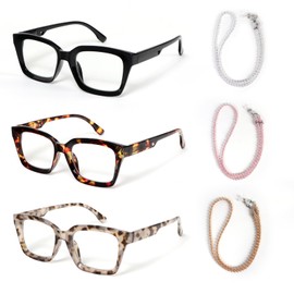 DXYXYO 3 Pack Reading Glasses for Women with Chains, Ladies Fashion Square Spring Hinge Readers Blue Light Blocking, 3.0 Black+Grey+Brown