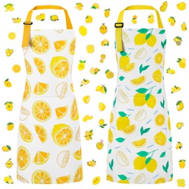 XLSXEXCL 2 Pack Lemon Kids Aprons, Kids Aprons with 50pcs Lemon Stickers, Adjustable Lemonade Apron for Boys and Girls for Painting Cooking Baking, Lemonade Stand Party Supplies (Yellow+Green)