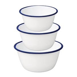 Falcon Enamel Shabby Chic Vintage Style Pudding Basin Bowl - White with Blue Rim - Set of 3 (Pudding Basins - 10/12/14)