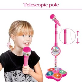 Micrófono para Niños con Soporte, Karaoke para Niños con luz y Cable MP3, Se Puede conectar al teléfono móvil, Altura Ajustable, Juguetes de Canto par